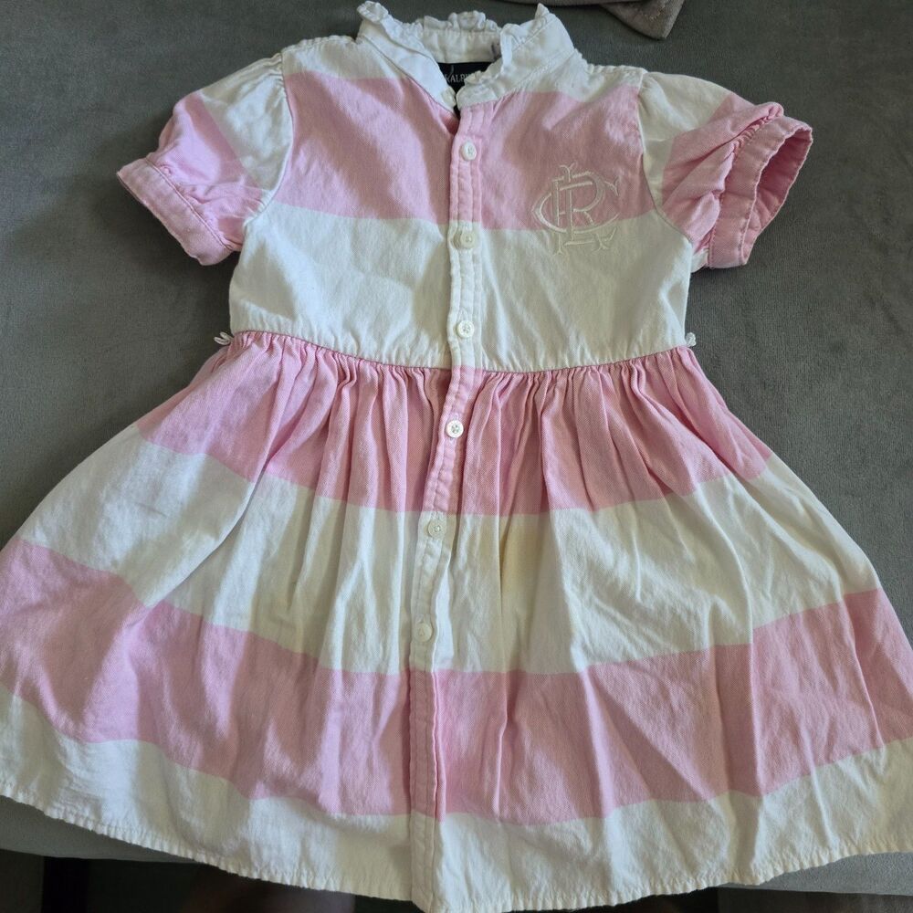 Ralph Lauren Dress Toddler Girls Size 12 Months Pink and White Stripe Cotton